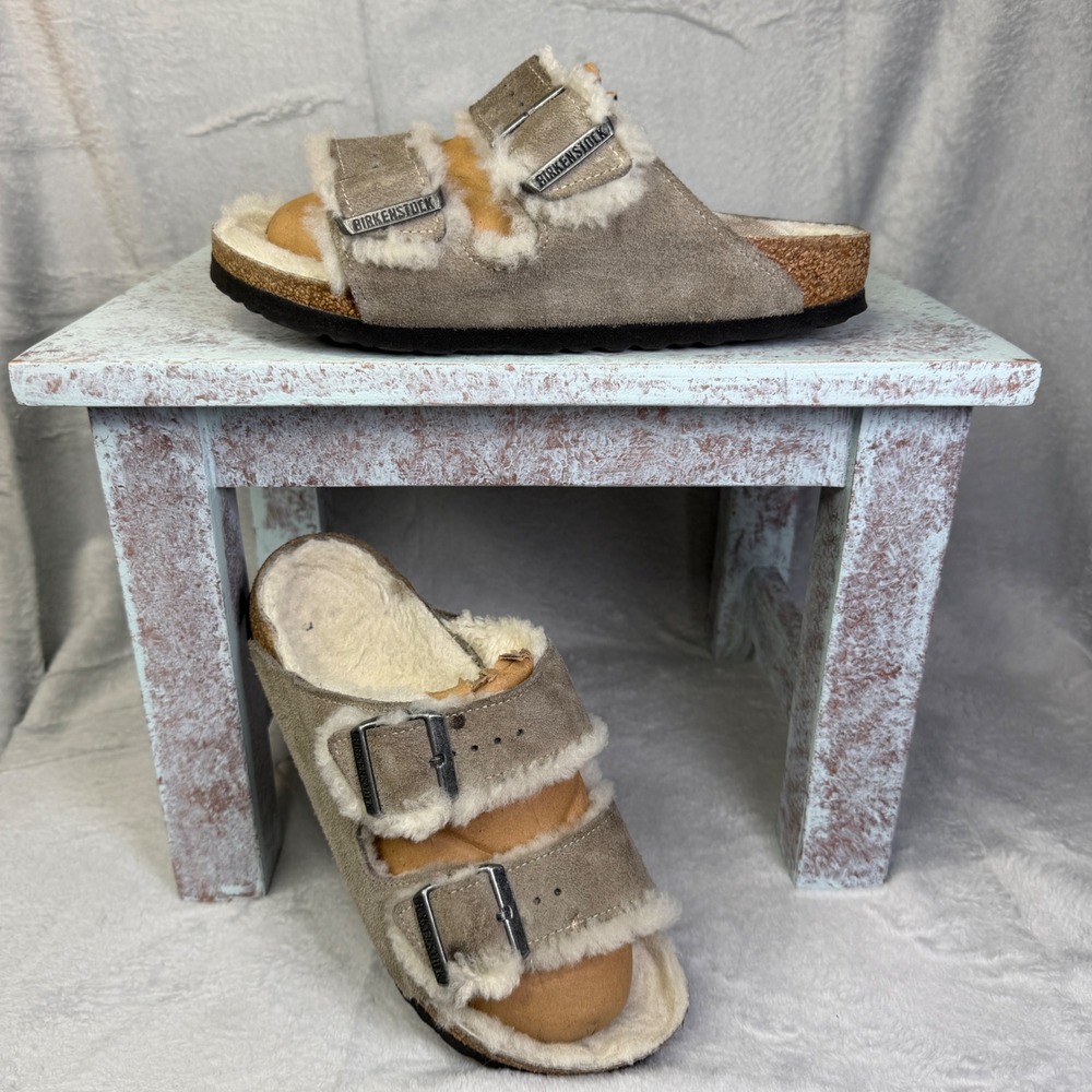 Birkenstock Arizona Shearling Sandals Womens 37 Taupe Suede Double Strap Slides